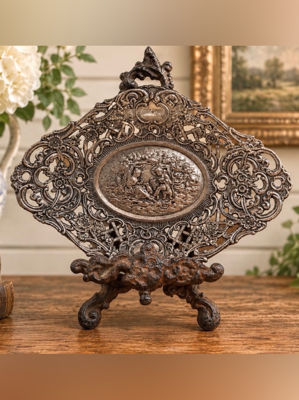 Vintage Ornate Silver Repousse Dish Pierced Floral Pastoral Scene Swan Hallmark